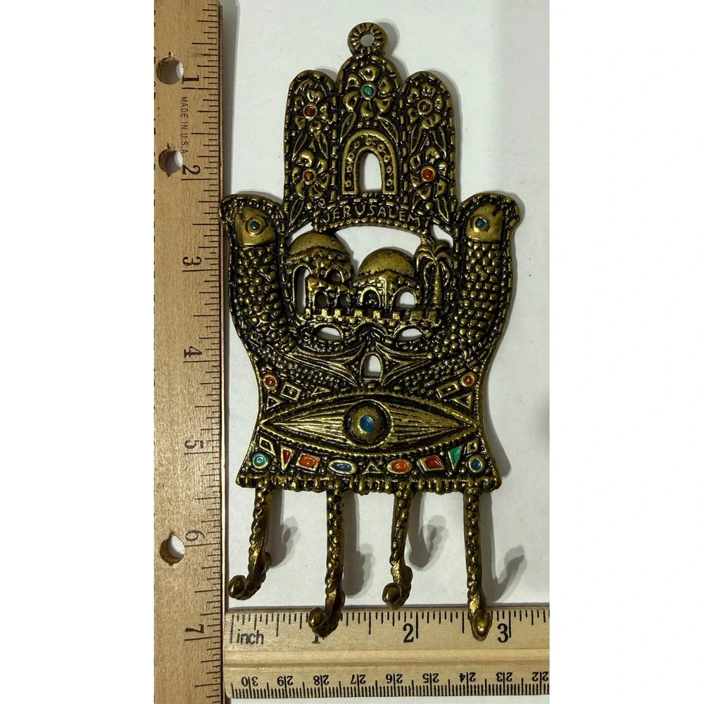 Tamar Holy Land Brass Hamsa Jerusalem Evil Eye Wall Hook Rack Vintage Israel